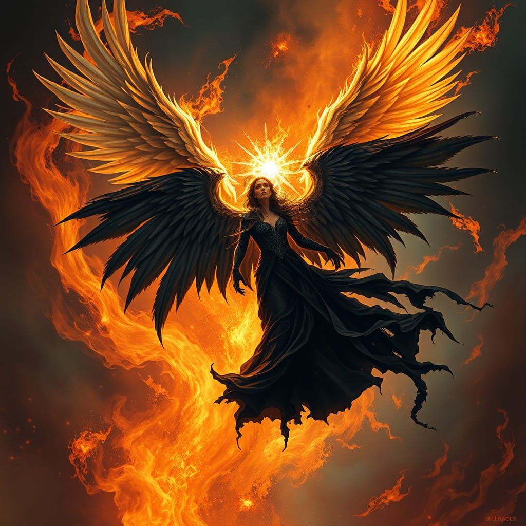 Dark Lilith Battles an Angel Amidst Fiery Vortex in Matte Pa...