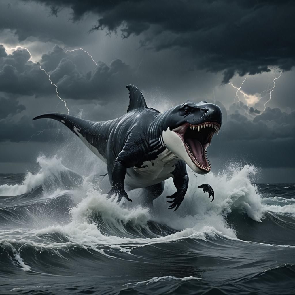 Surreal T-Rex Orca Hybrid Swimming in Storm