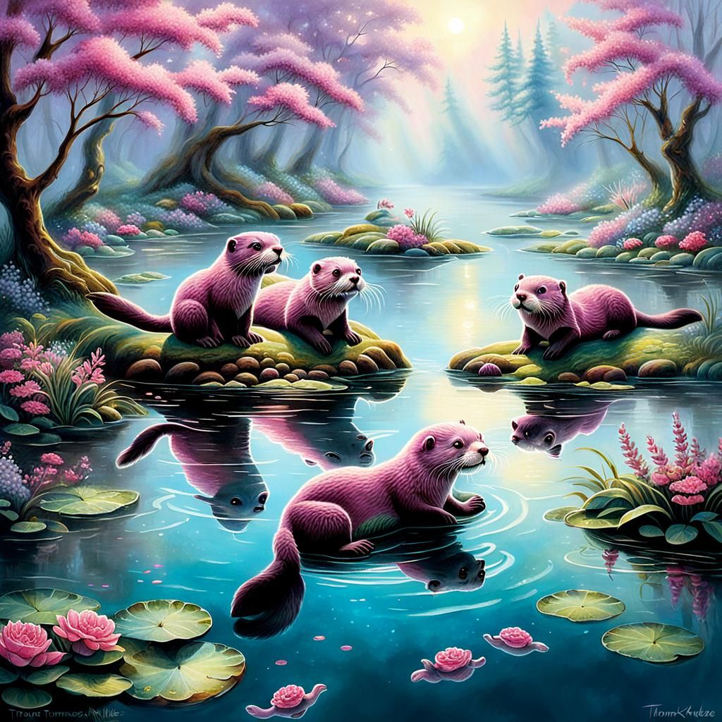 Pink Otters in Ethereal Pond, Fantasy Art