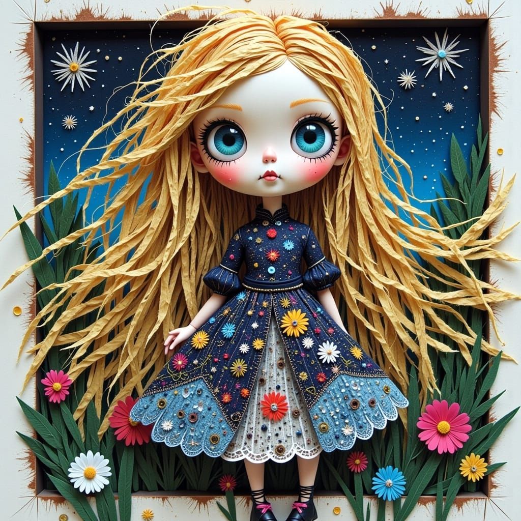 Whimsical Girl with blue eyes, Mixed Media, Starry Night Pat...