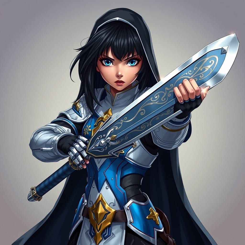 Heroic Olive Skinned Nun with Blue Eyes Wields Majestic Swor...
