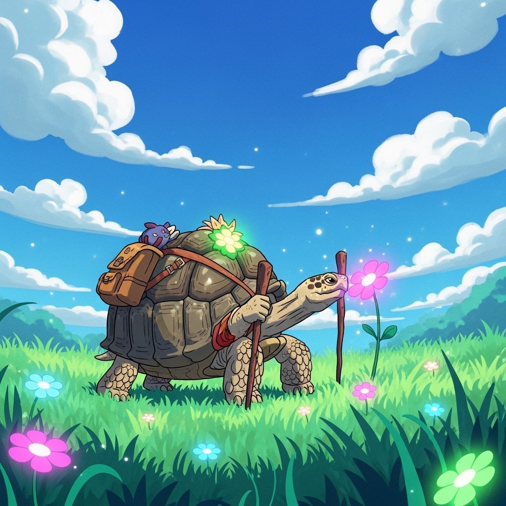 Tortoise Sniffing Neon Flowers in a Dreamscape