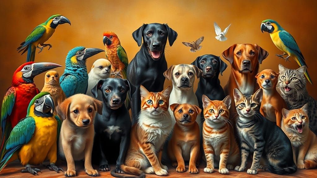 Vibrant Menagerie of Exotic Pets in a Richly Textured Scene