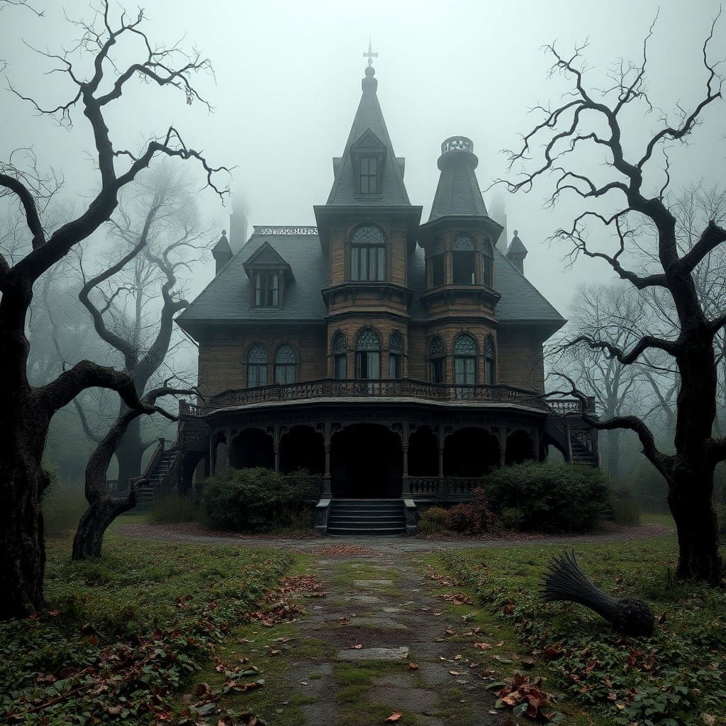 Eerie Victorian Mansion in Mist: A Haunting Vision