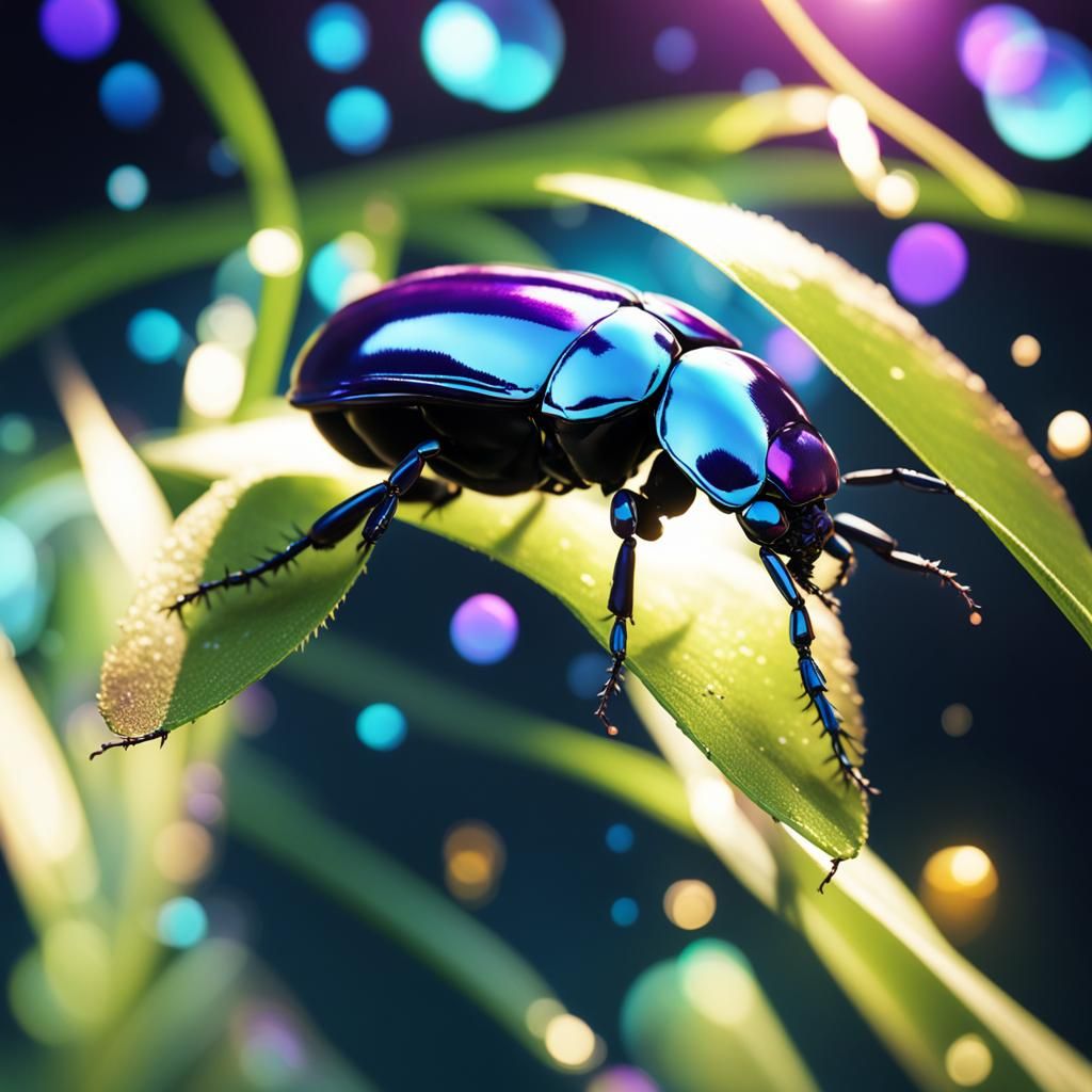Iridescent Beetle in Space with Bokeh Lighting