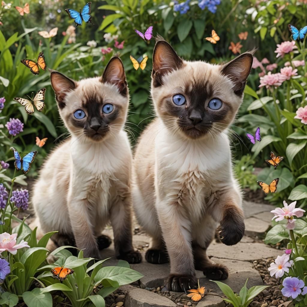 Siamese Kittens Chase Butterflies in Garden