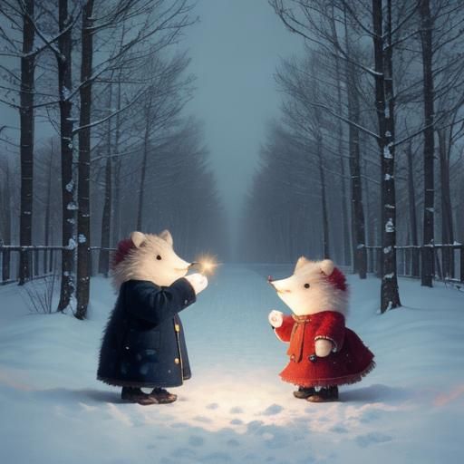 Hedgehogs Exchanging Gifts in Dreamlike Winter Wonderland