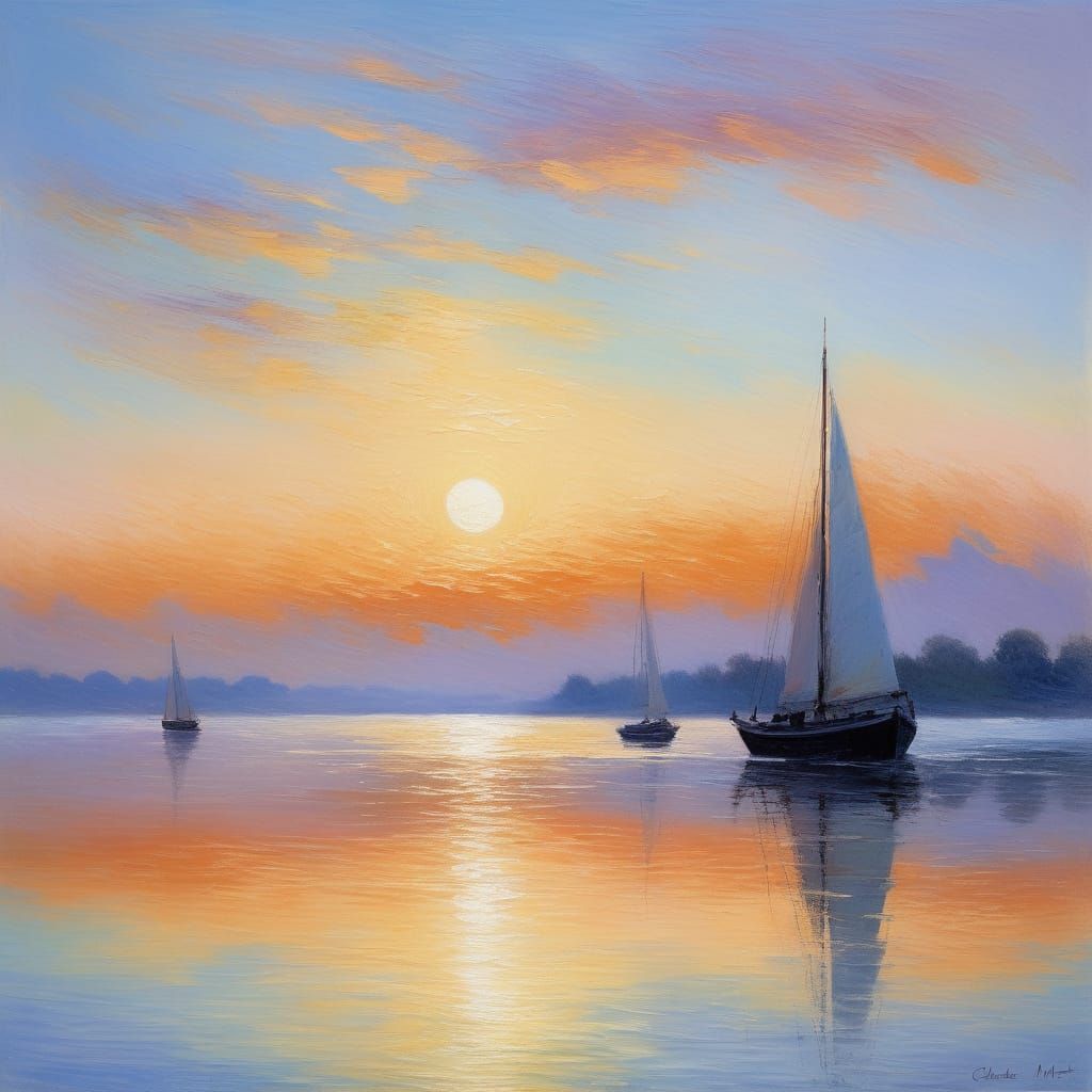 Impressionist Sunrise with Sailboat and Island