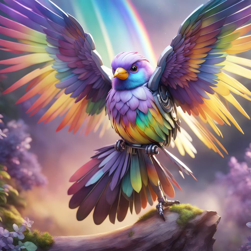 Adorable Robotic Rainbow Bird in Watercolor Style