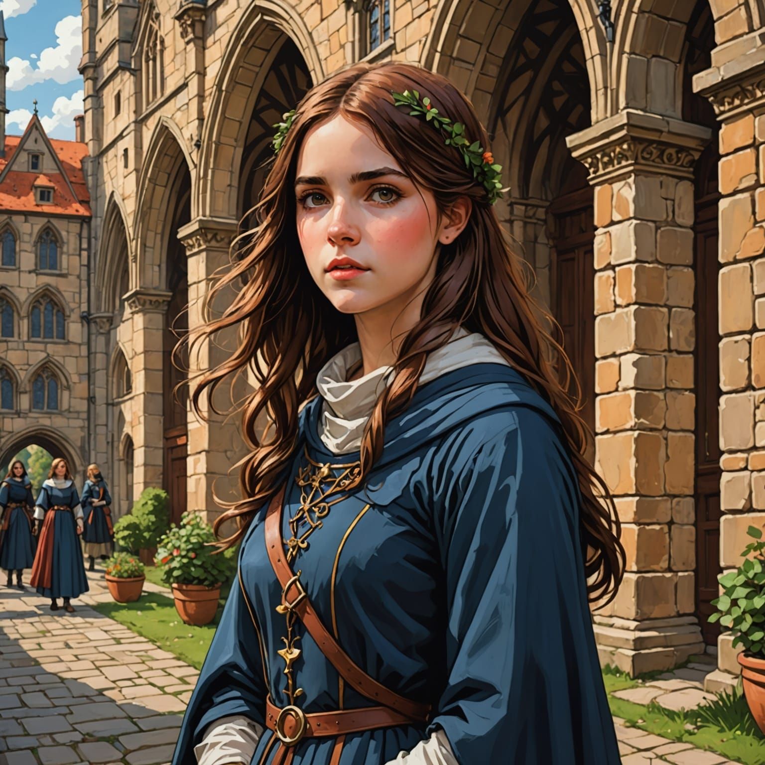 Medieval Anime Girl at University as Pre-Raphaelite Painting