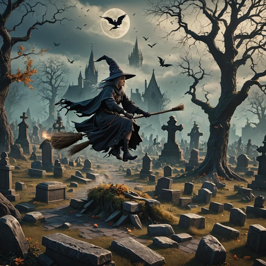Old Witch Flying Over Graveyard: Detailed Matte Painting