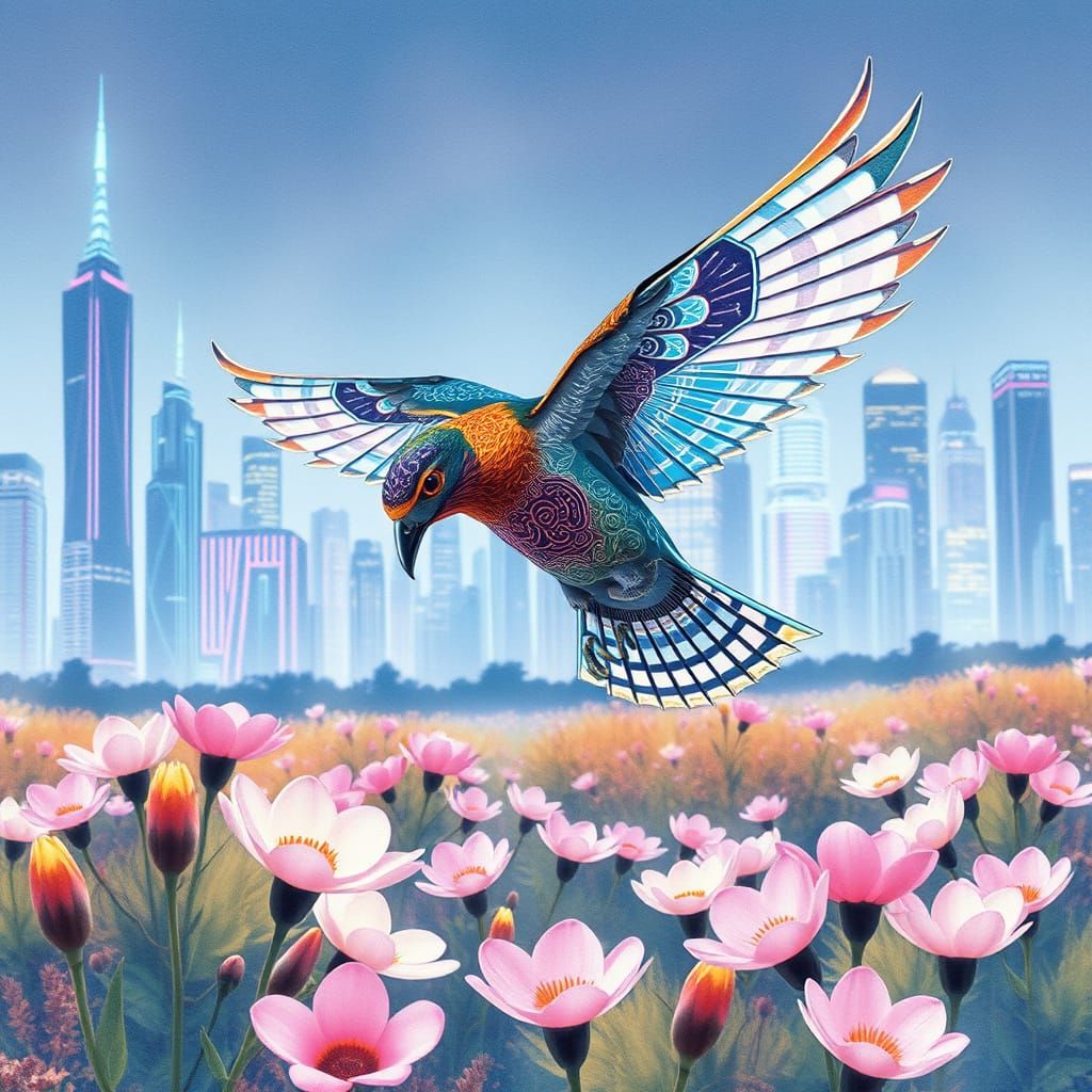 Cyberpunk Falcon with Bioluminescent Flowers, Watercolor Sty...