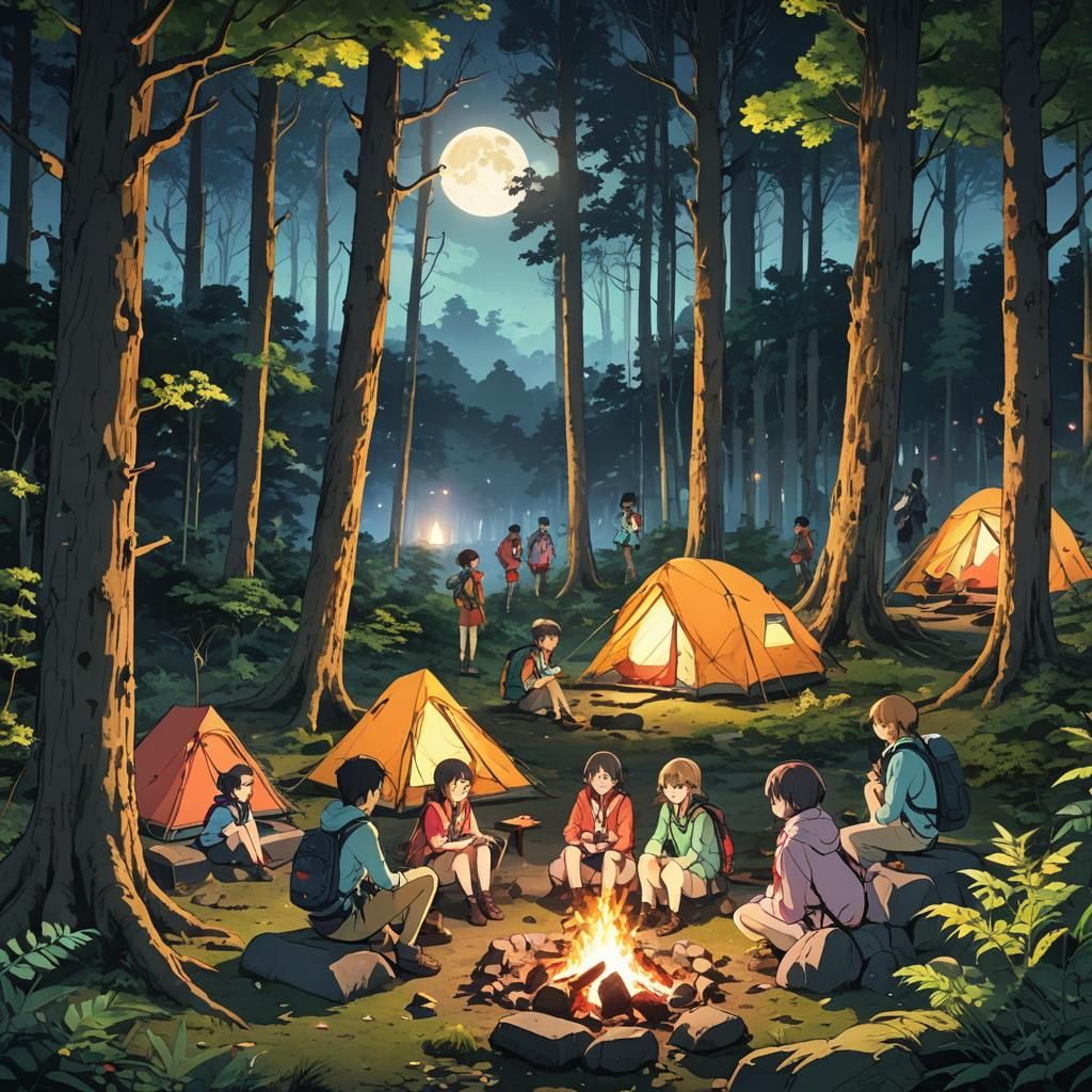 Anime Friends Camping Under Full Moon in Primeval Forest
