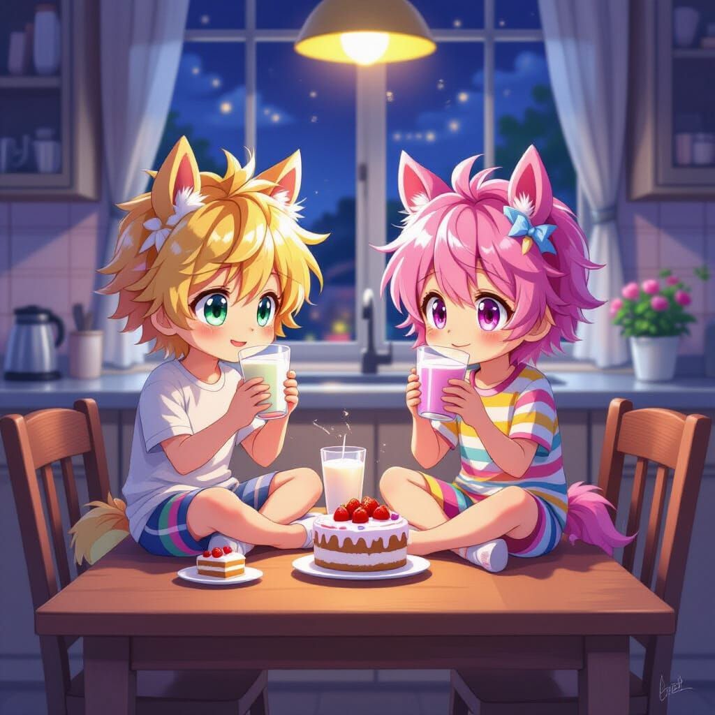 Anime Boys with Horse Ears Enjoying Cake