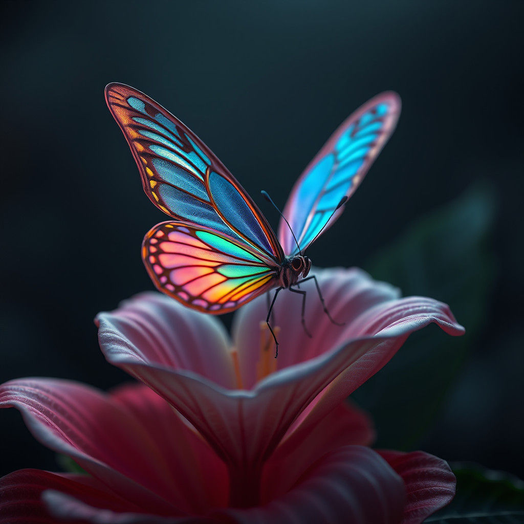 Iridescent Butterfly on Exotic Flower in Fantasy Art Style