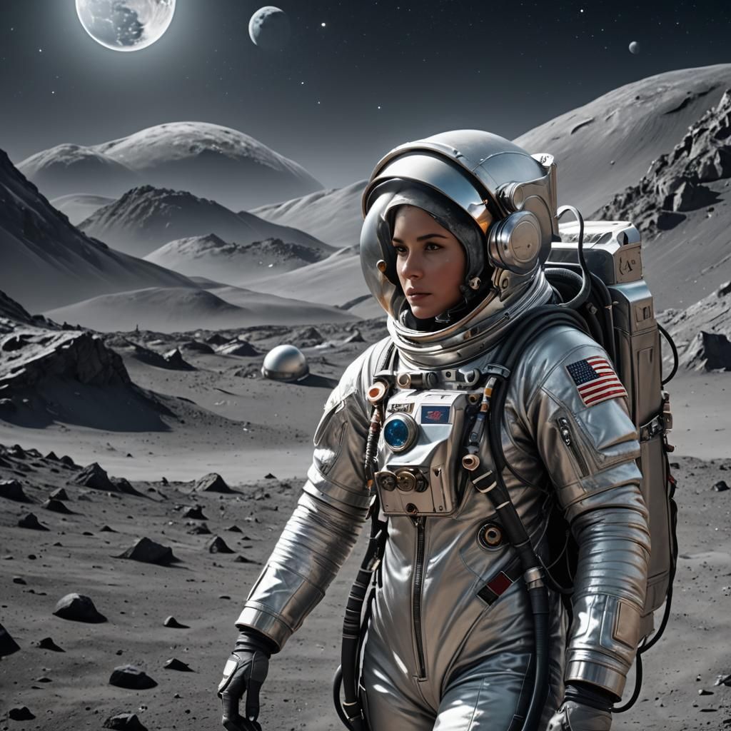 009 A beautiful female astronaut wearing a silver spacesuit on the moon.