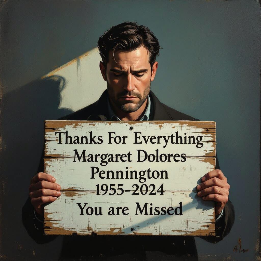 Man Holds Memorial Sign in Painterly Style