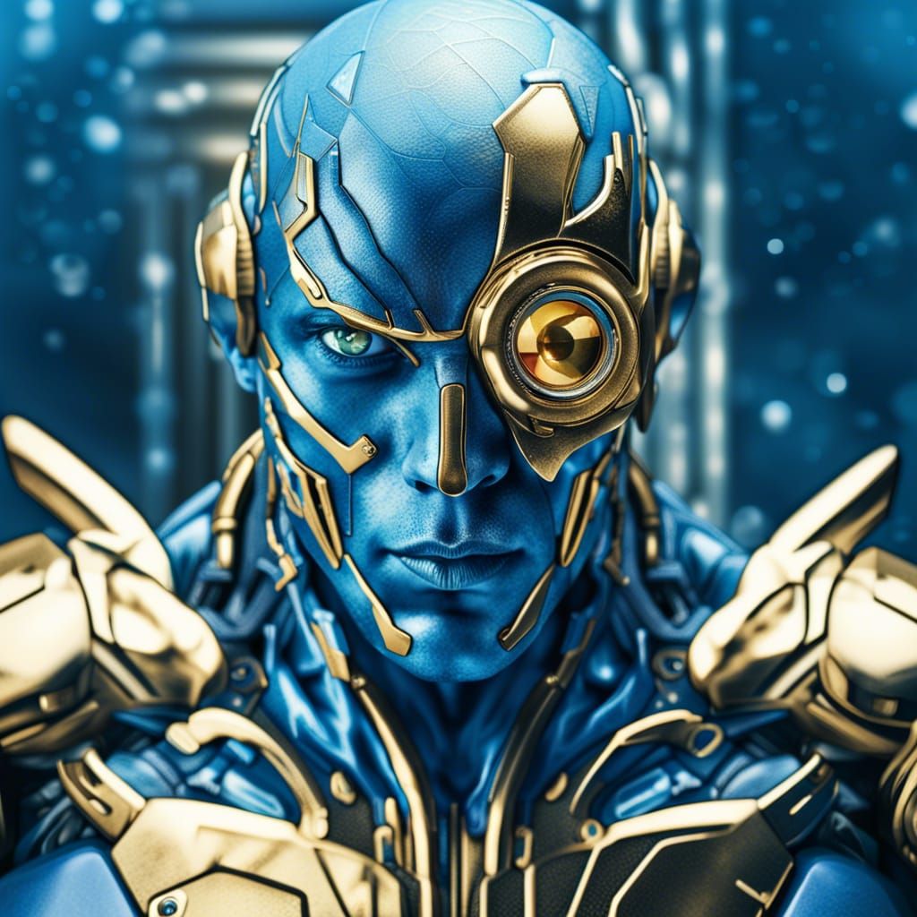 Hyperrealistic Cyborg with Eyepatch in Blue and Gold