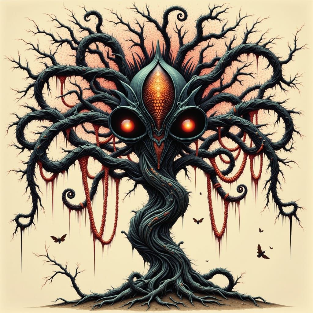 Rust never sleeps, Cryptid Zentangle Phantom, haunting rhombic willow, watercolor <lora:COSMIC FLUX:1.0> <lora:Gigerpunk...