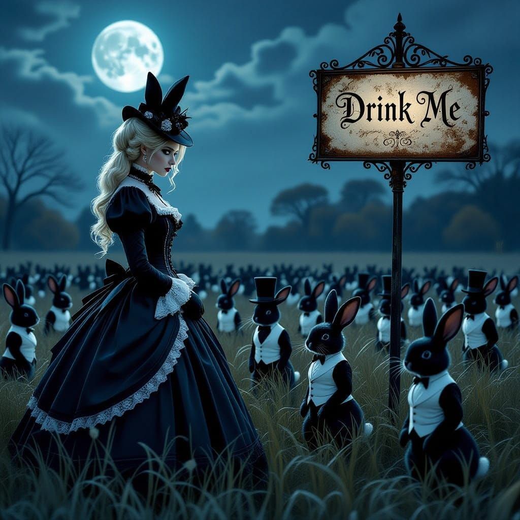 Gothic Alice in a Field of Black Rabbits in Top Hats