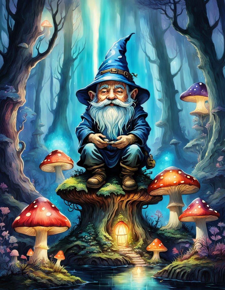Gnome Mage Casting Spells in Bioluminescent Forest