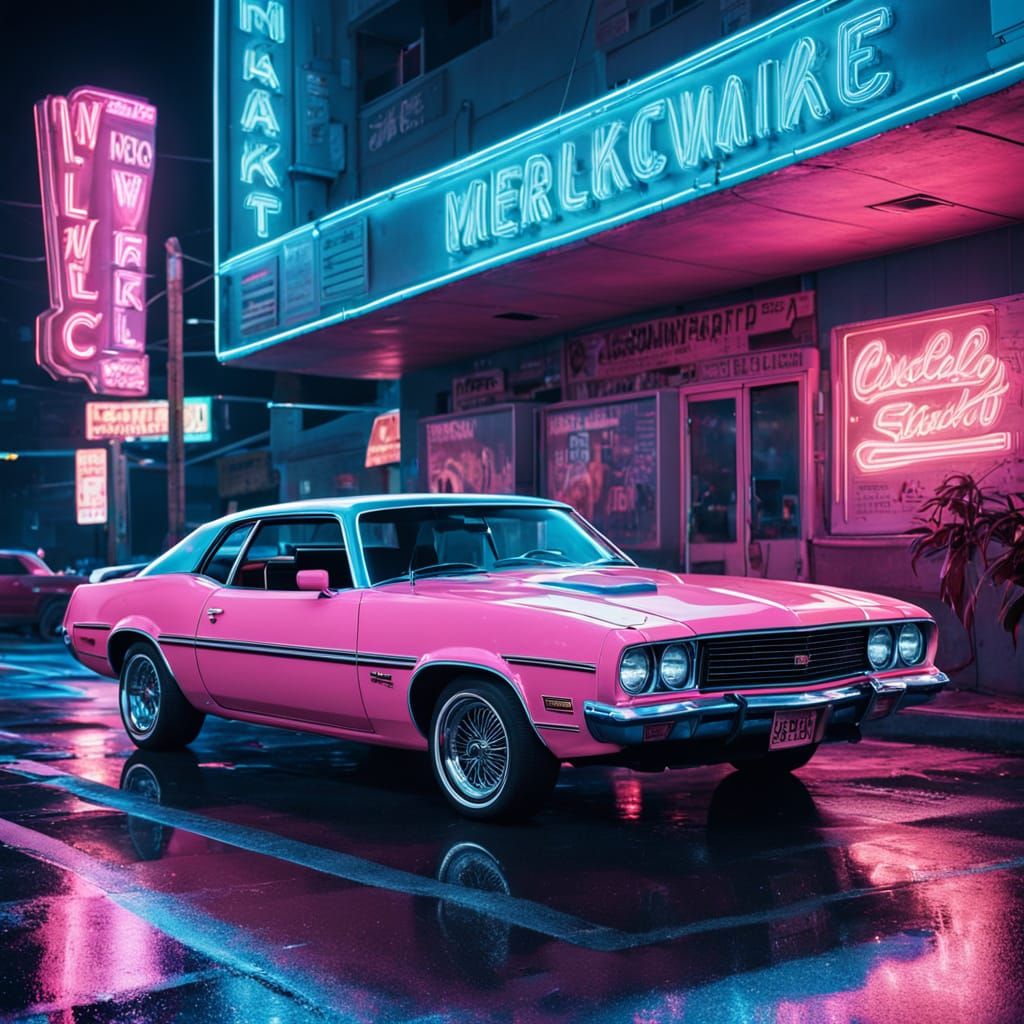 Pink Muscle Car at Neon Nightclub in Vaporwave Style