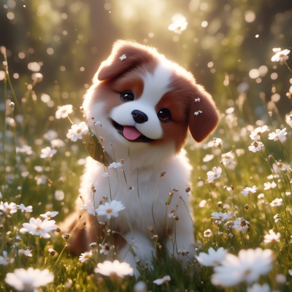 Cute Puppy Playing in Flower Meadow, Anime Style