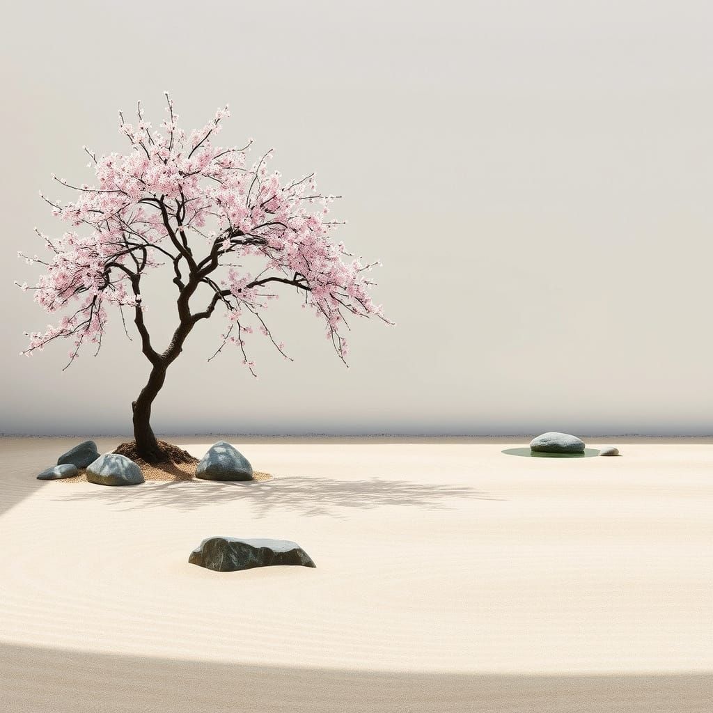 Zen Garden with Cherry Blossom in Japanese Style