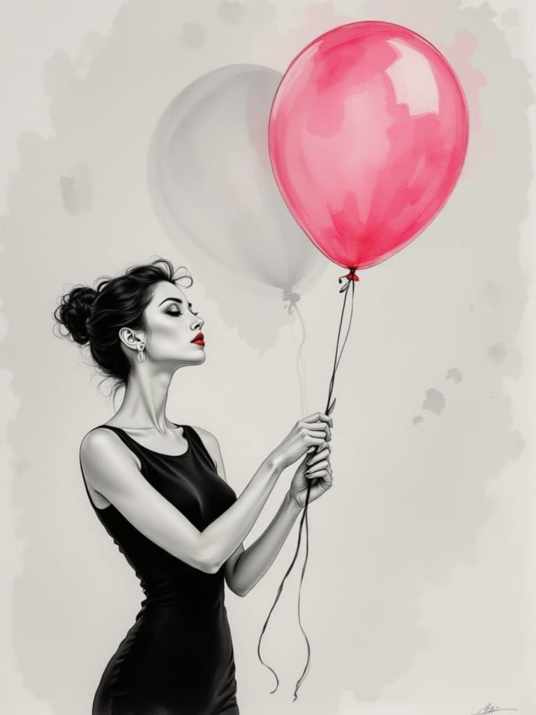 Elegant Young Woman Holds a Bright Pink Balloon in a Minimal...
