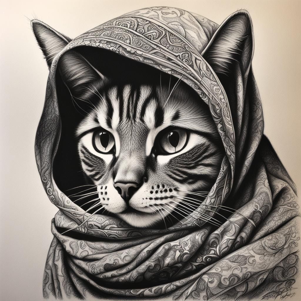 Detailed Charcoal Drawing of Cat in Hijab