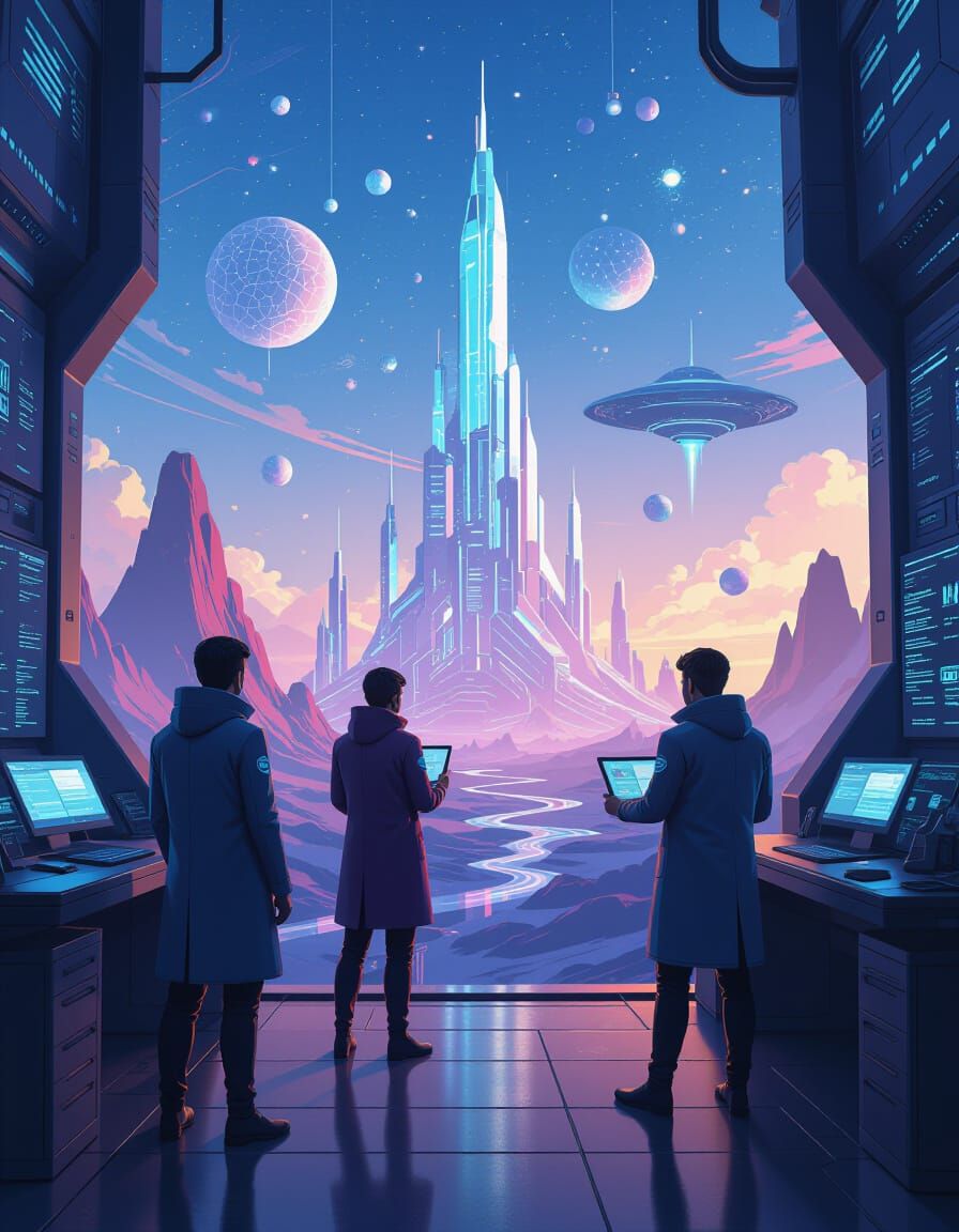 Futuristic Mystical Land with Developers in Sci-Fi Style