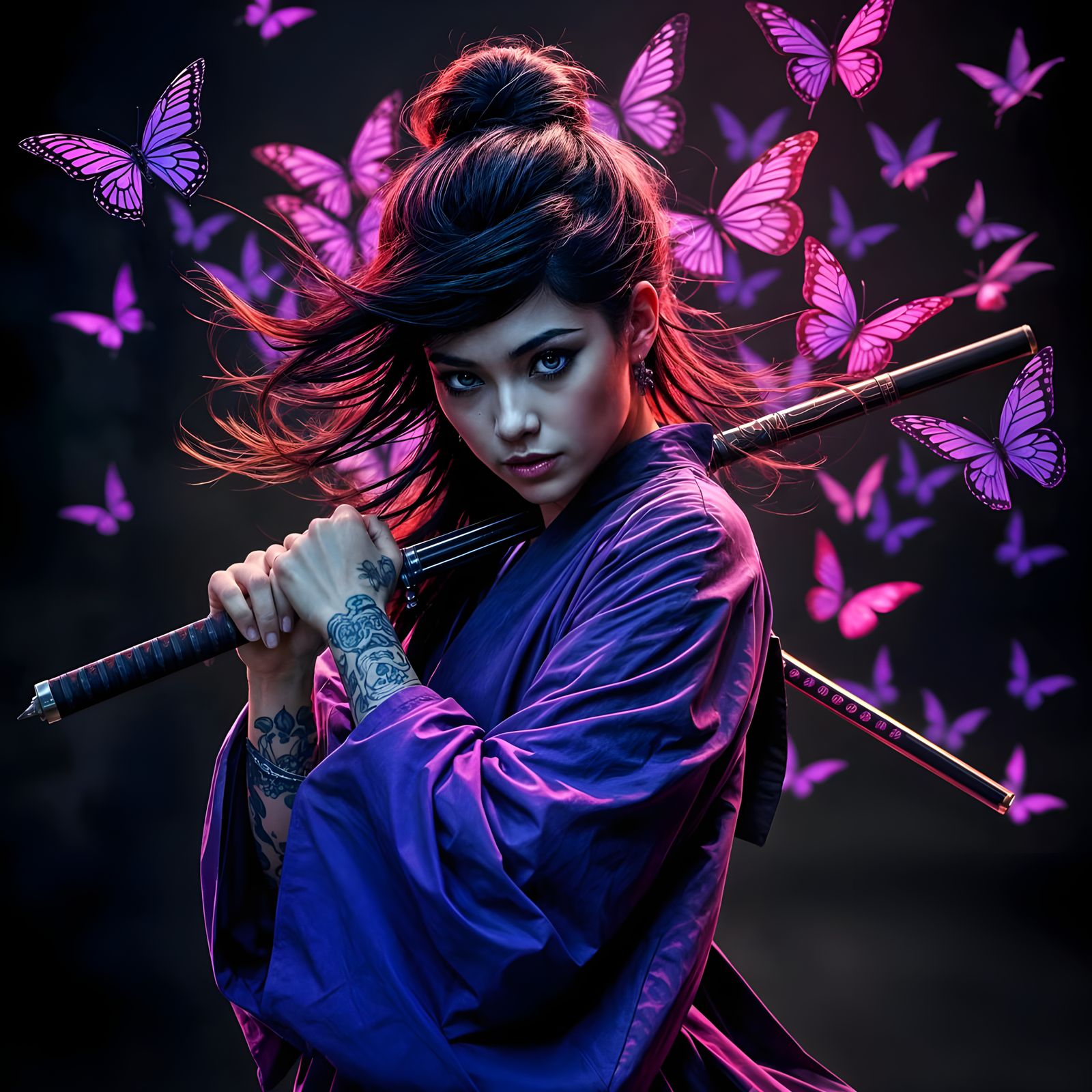 Gothic Punk Ninja Woman in Neon Purple and Black