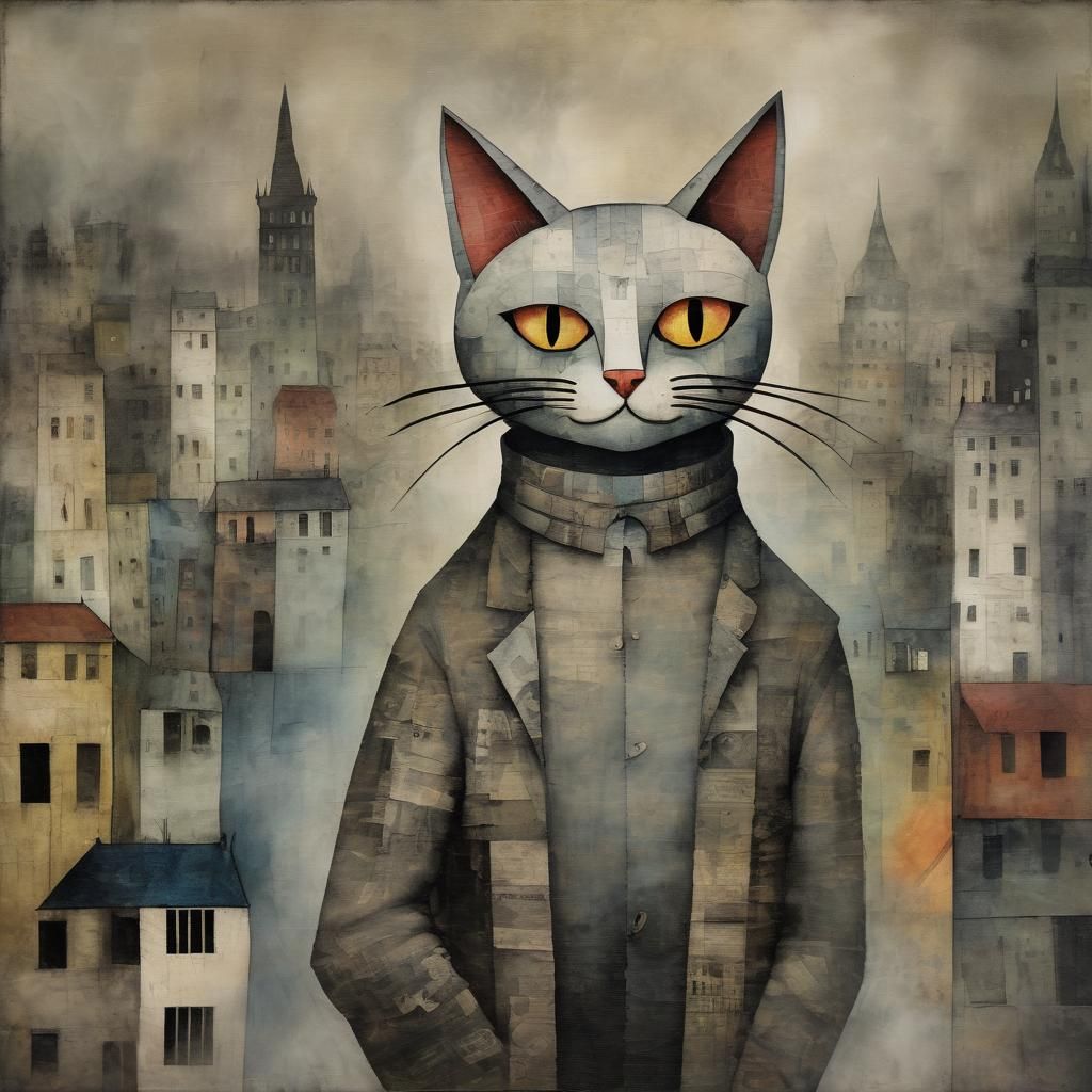 Mysterious Cat Portrait in Art Brut Style