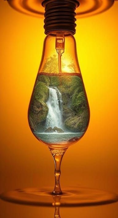 Tropical Waterfall Inside Lightbulb: Surreal Macro Oil Paint...
