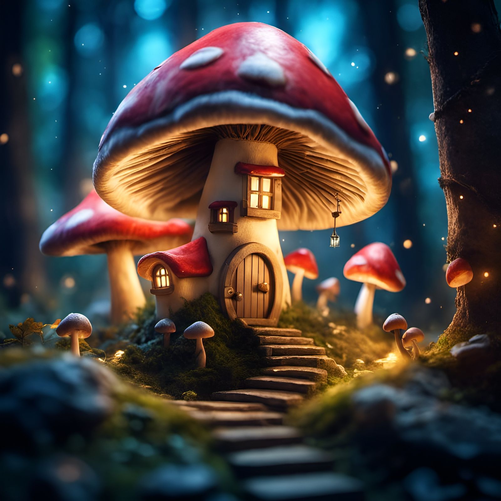 Enchanted Mushroom Village at Night, Hyperrealistic