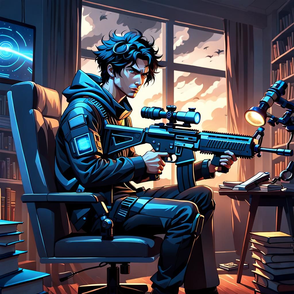 Young Man with Futuristic Rifle in Apartment