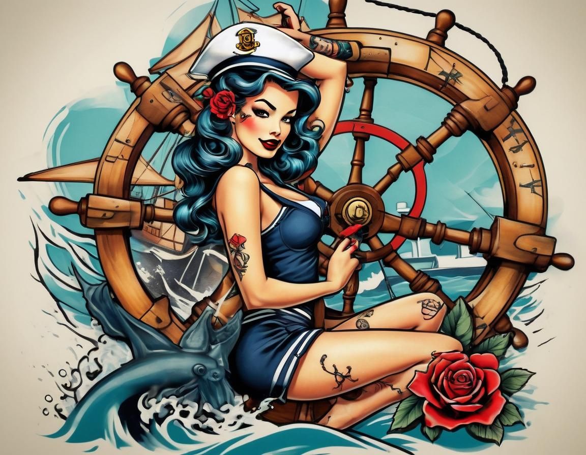 Ed Hardy Style Tattoo Design of Pin-Up Girl