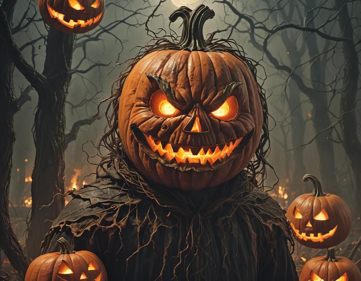 Eerie Jack-o'-Lantern Figure in Digital Art Style