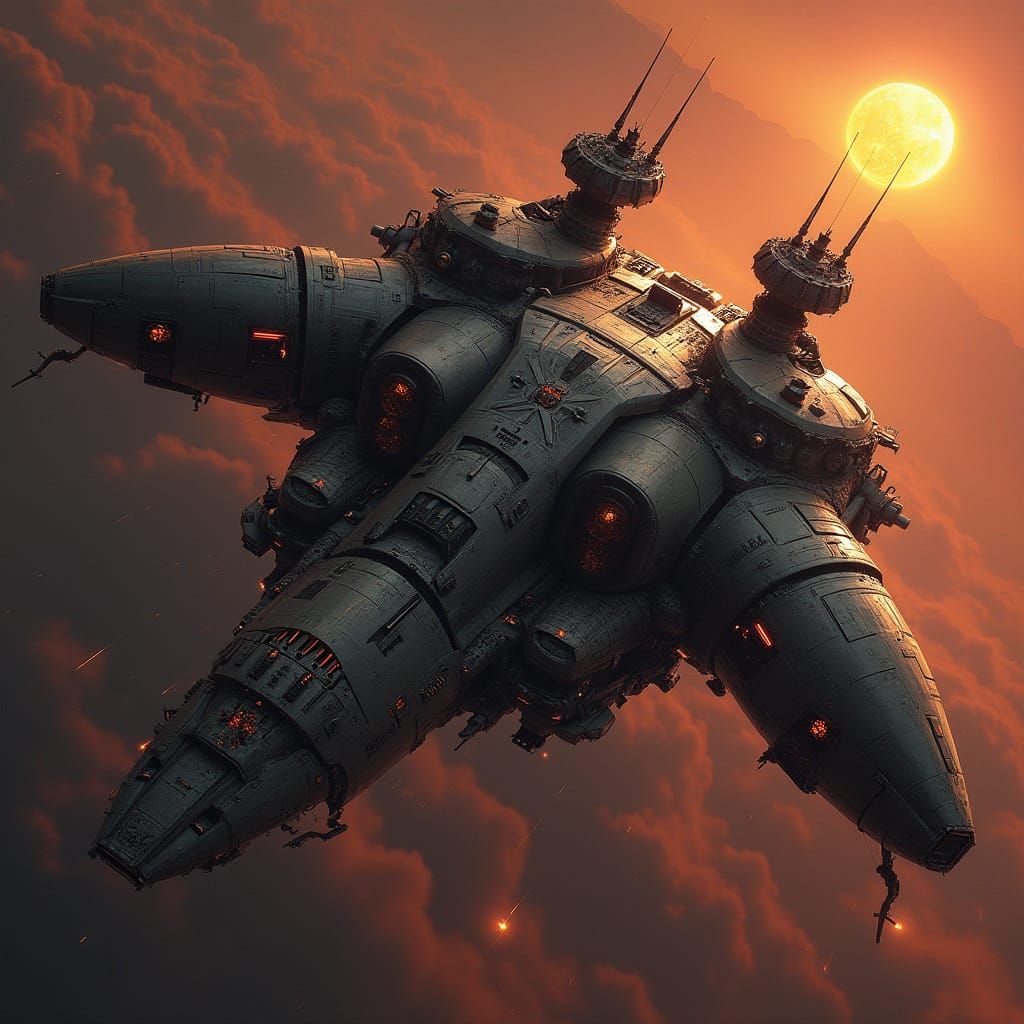 Armored Battle Station Floating in Deep Space