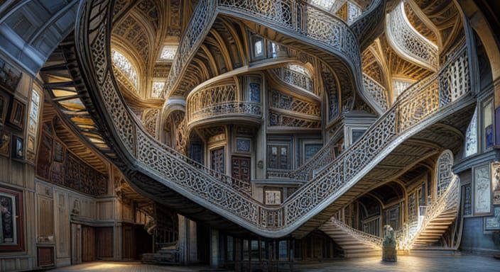 Impossible Staircases: Escher-Inspired Hyperrealistic Art