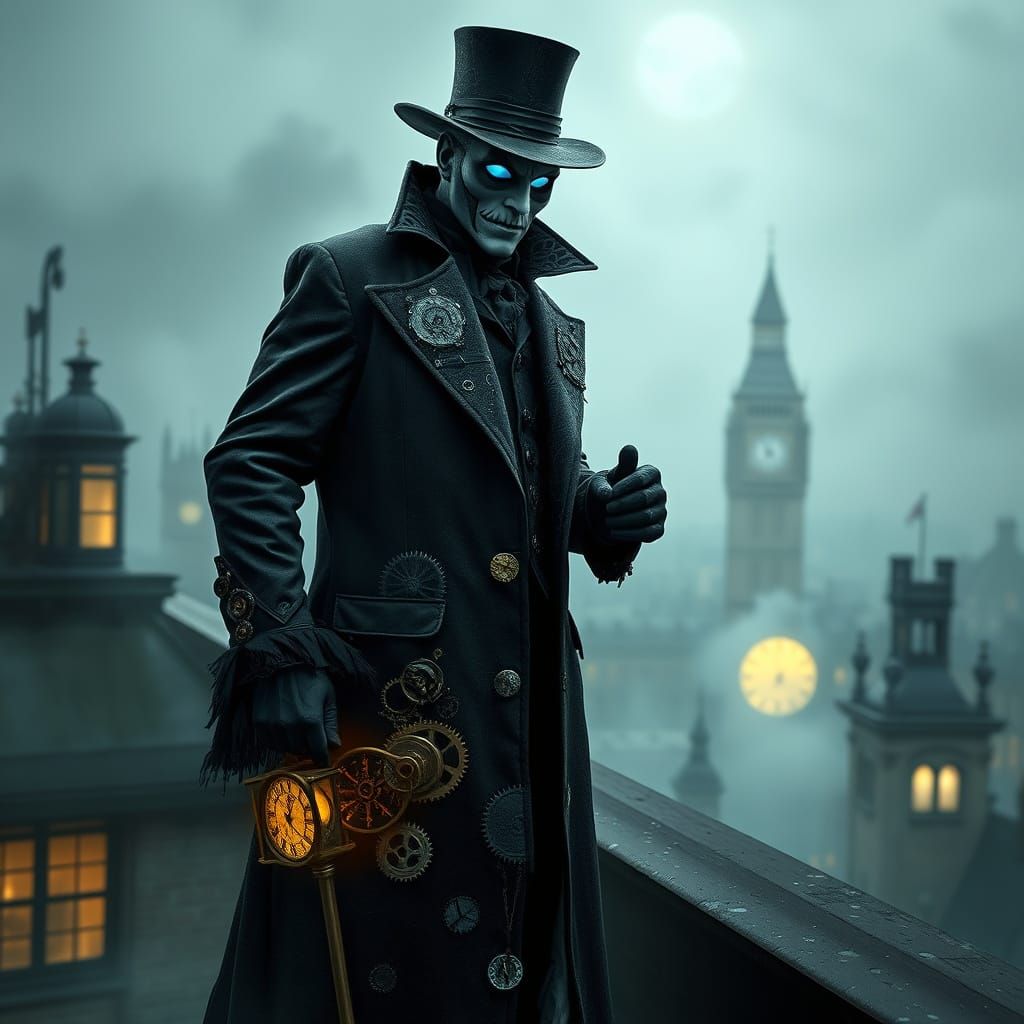 Steampunk Supervillain on Foggy London Rooftop