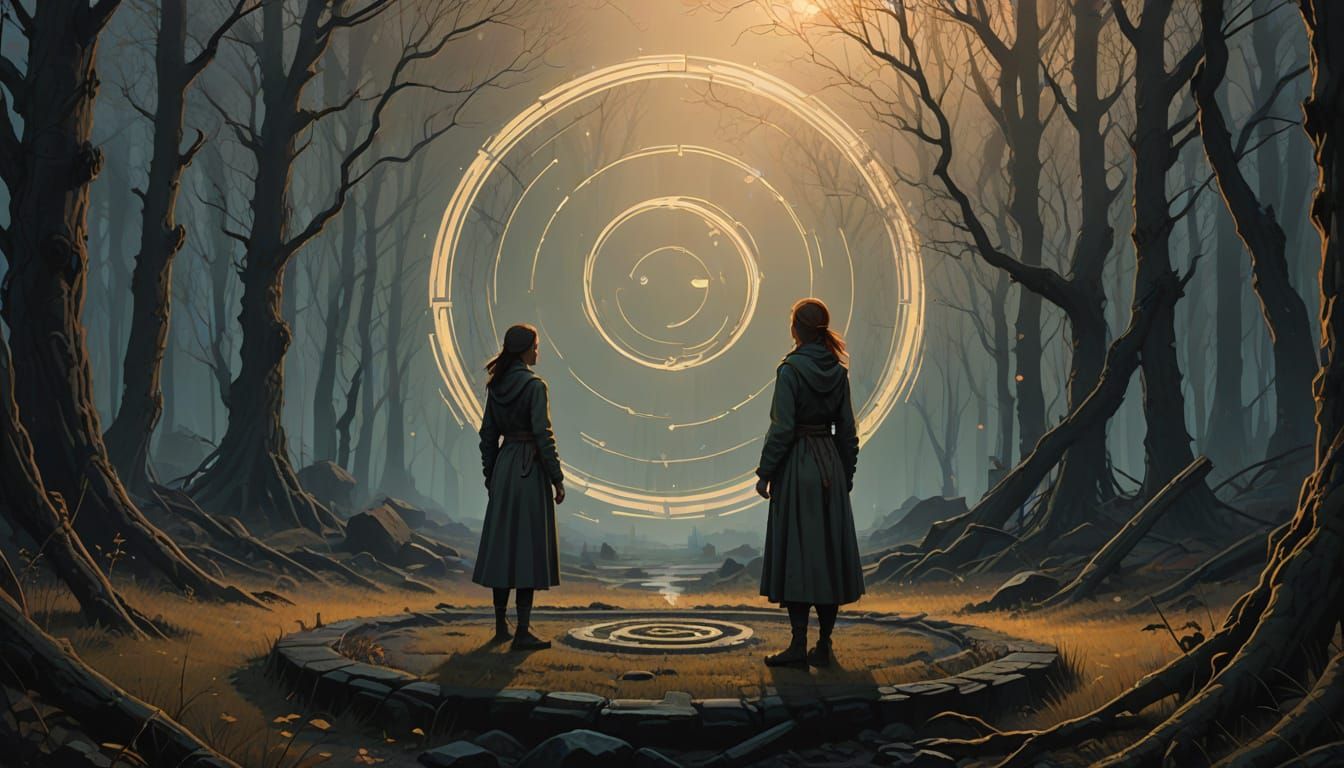 Mystical Woman in Ancient Runic Circle, Radiant with Etherea...