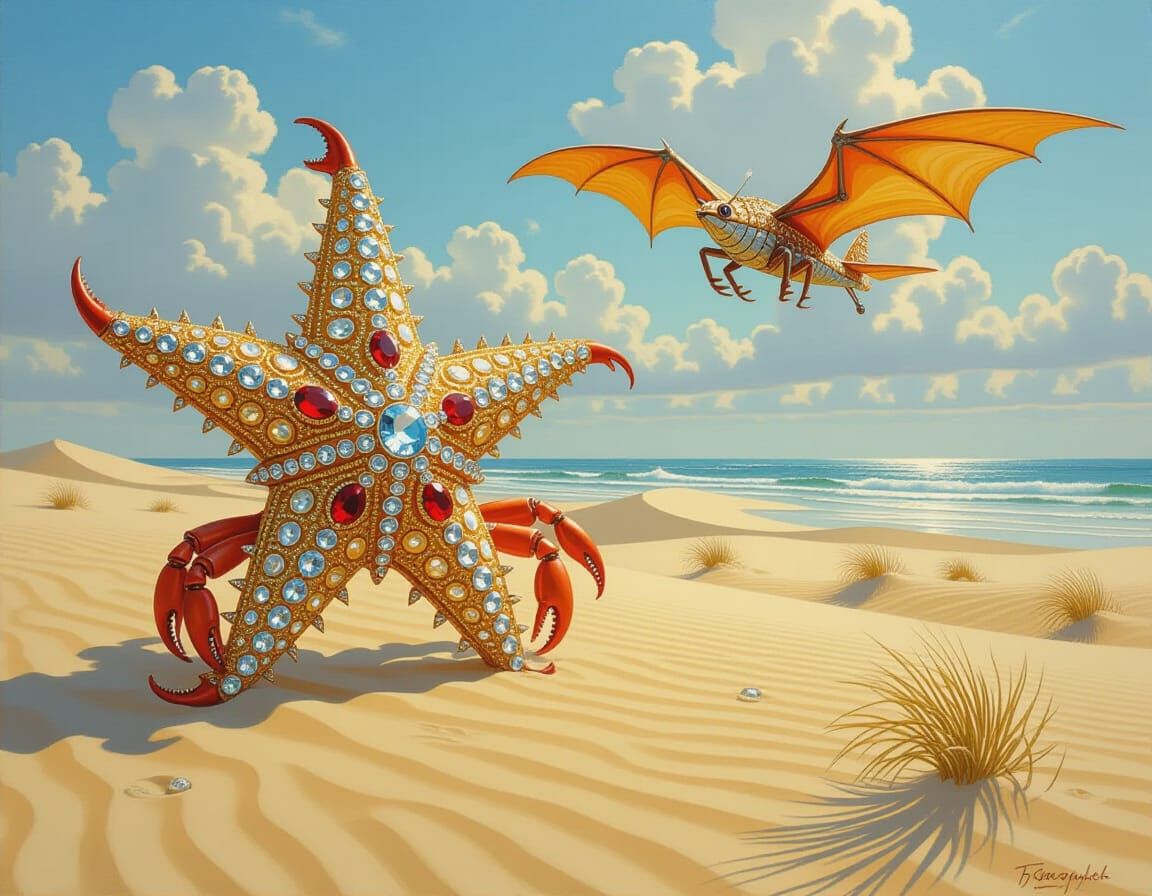Bejeweled Starfish Trots Beside Pterocopter in Hyperrealisti...