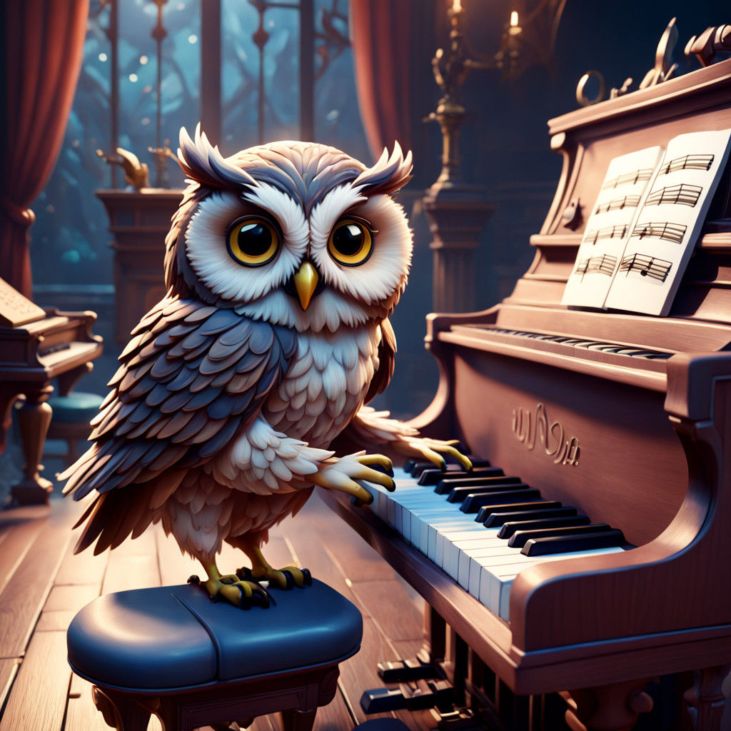 Fantastical Owl Piano Maestro in Vibrant Dreamscapes