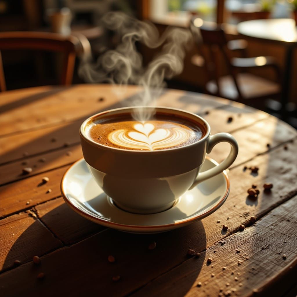 Steaming Artisanal Coffee on Rustic Table in Morning Light