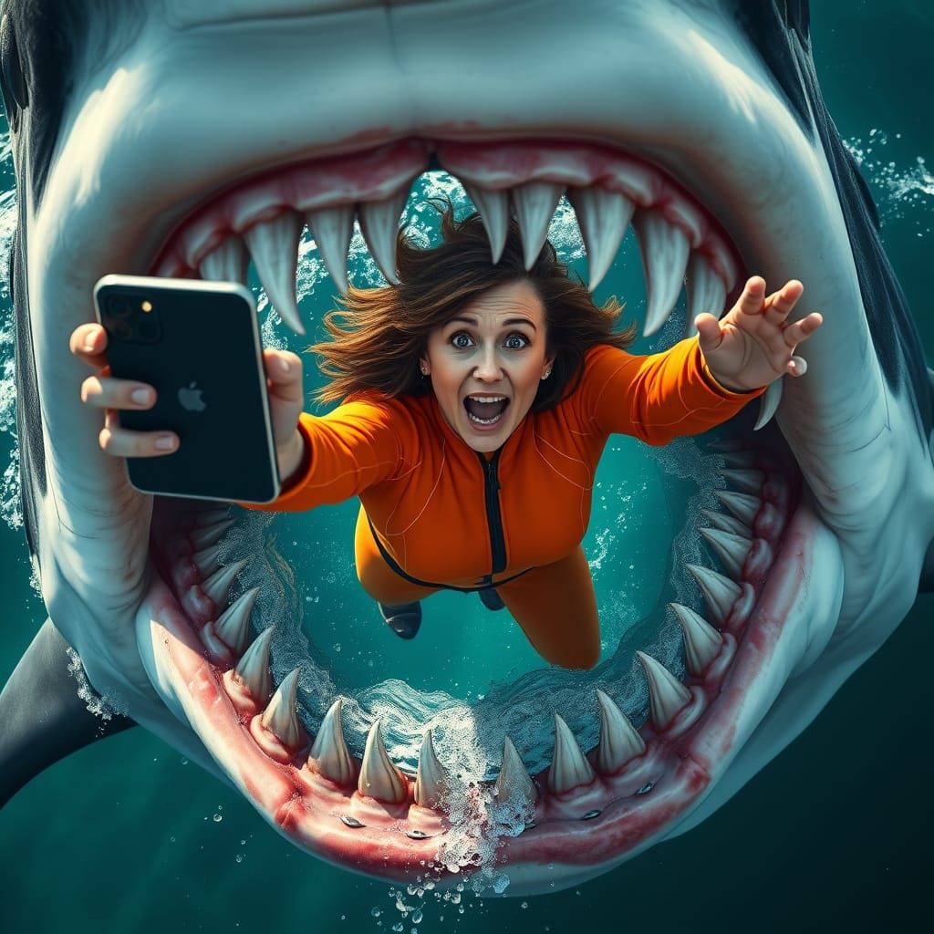 Ultra-Detailed Great White Shark Selfie in Hyper-Realistic 3...