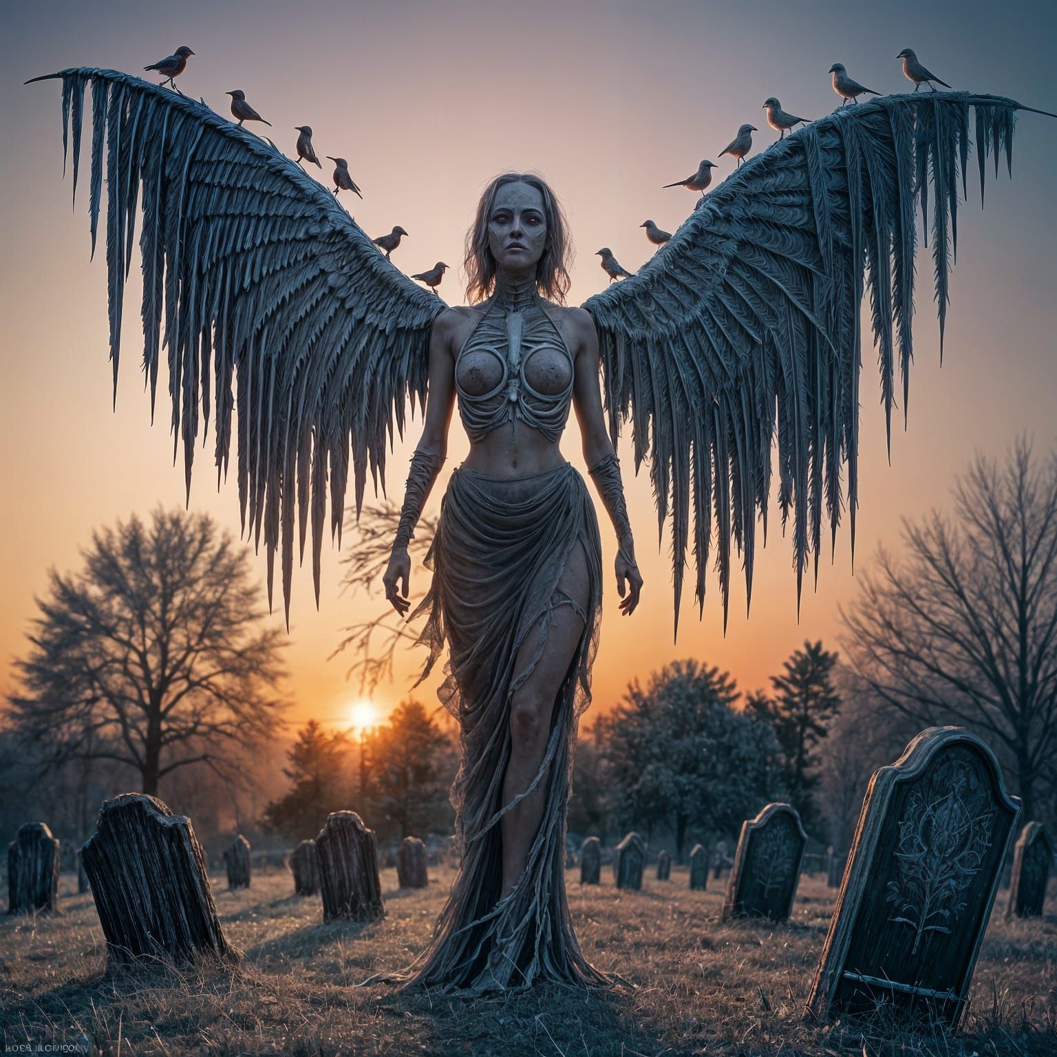 Skeletal Bone Orchard Fairy Gliding Above Graveyard