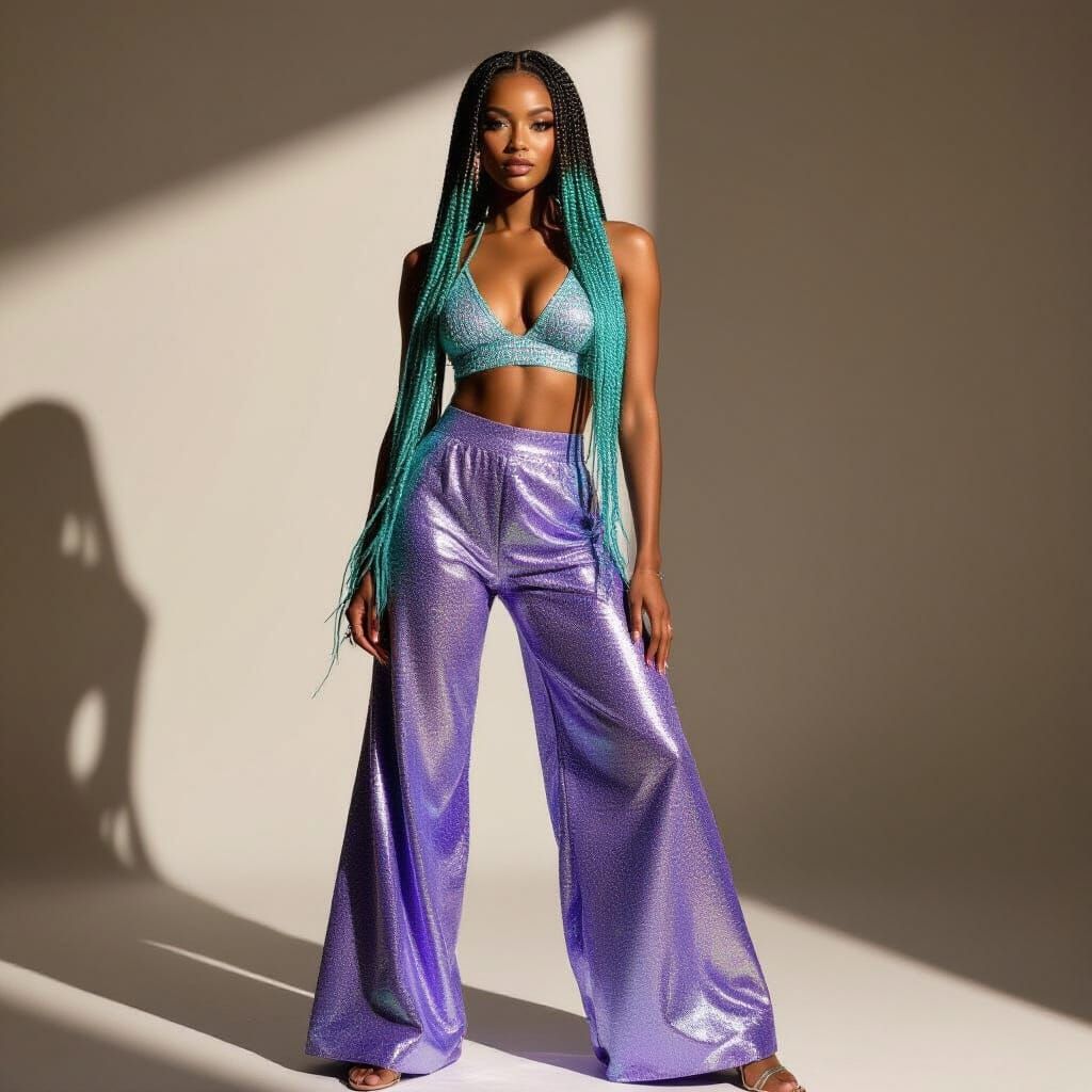 African American Woman in Holographic Top and Metallic Pants