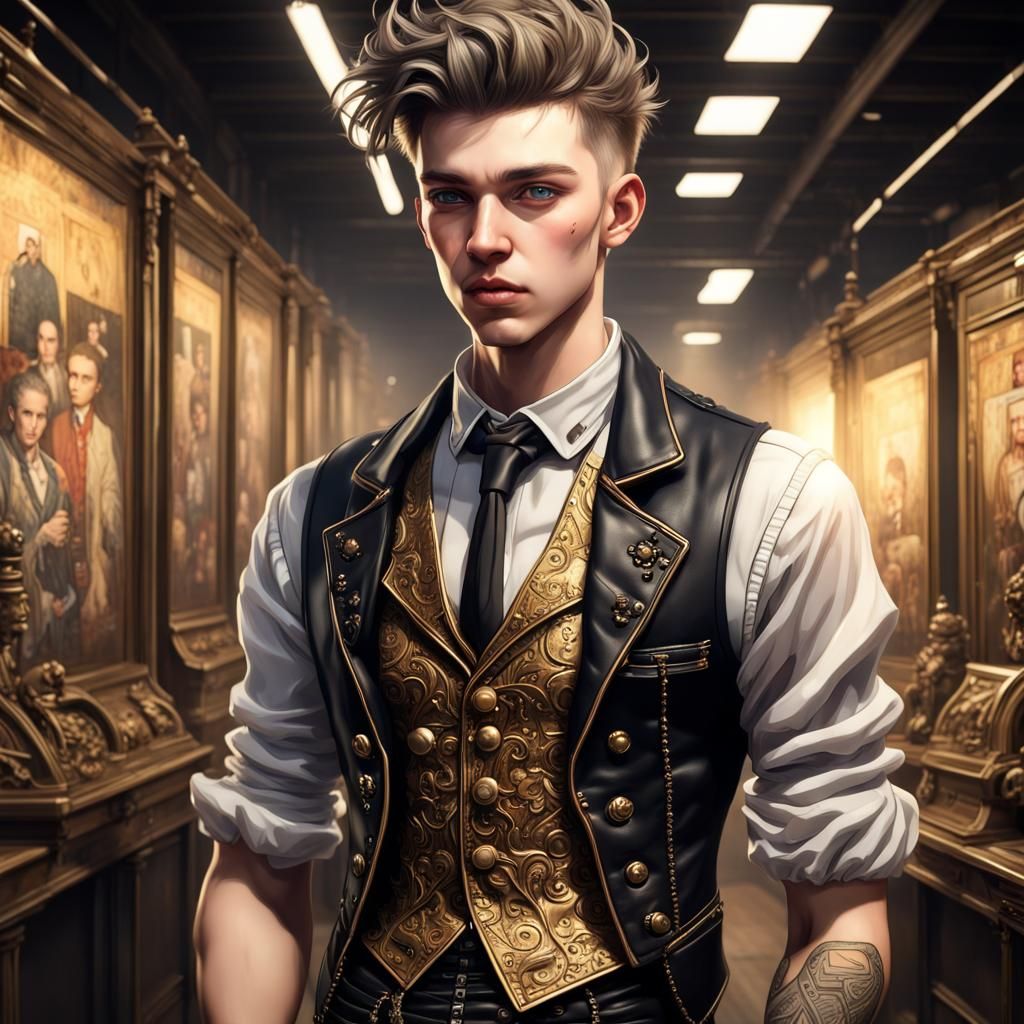 Cyberpunk Victorian Lad in Museum of Curiosities