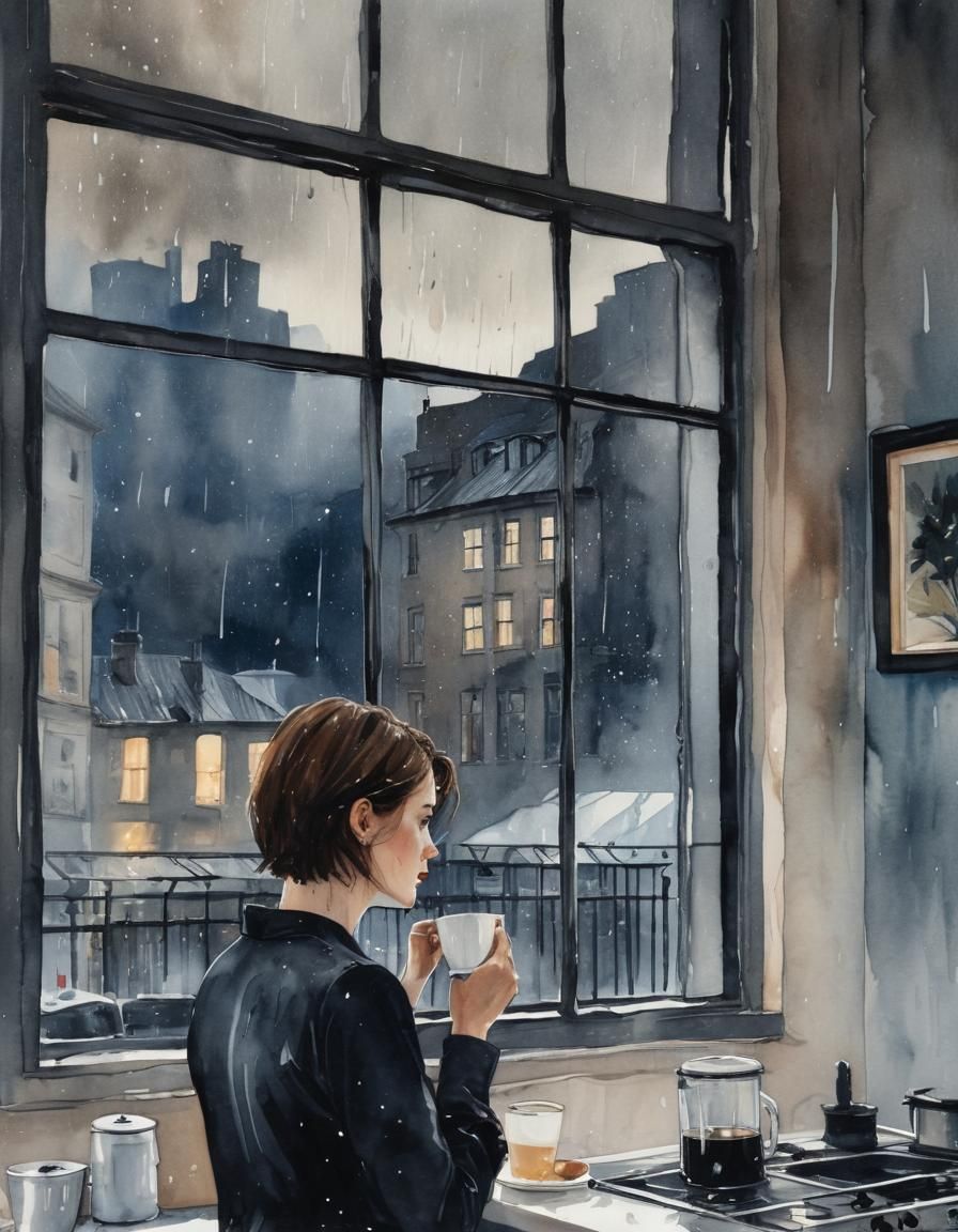 Woman Lost in Thought in a Rainy Kitchen, Watercolour Illust...